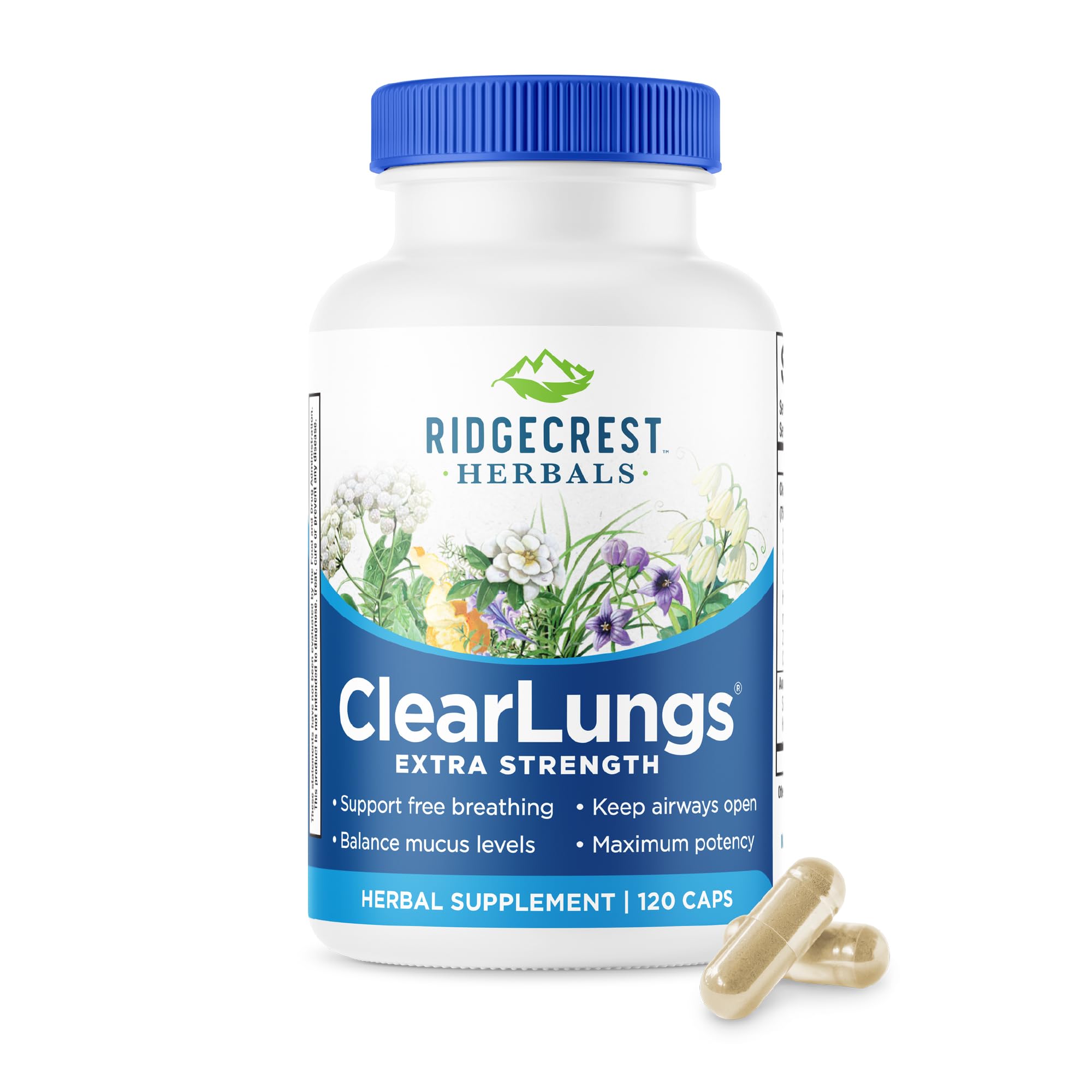 RidgeCrest ClearLungs Extra Strength bottle front for daily respiratory support.