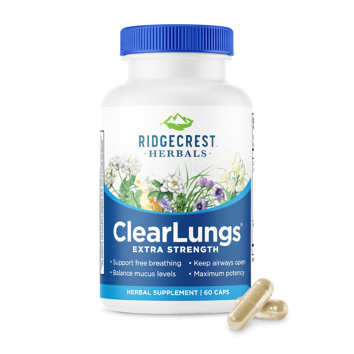 RidgeCrest ClearLungs extra strength bottle front with clear labeling for easy daily use.