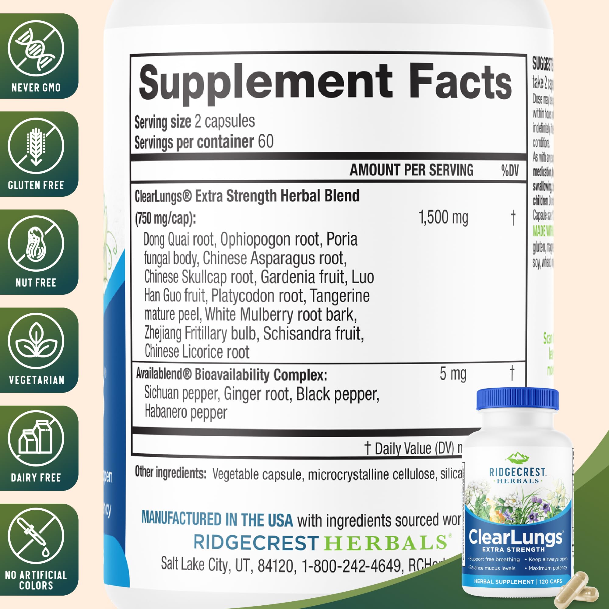 RidgeCrest ClearLungs ingredient panel highlights natural lung-supporting plants.