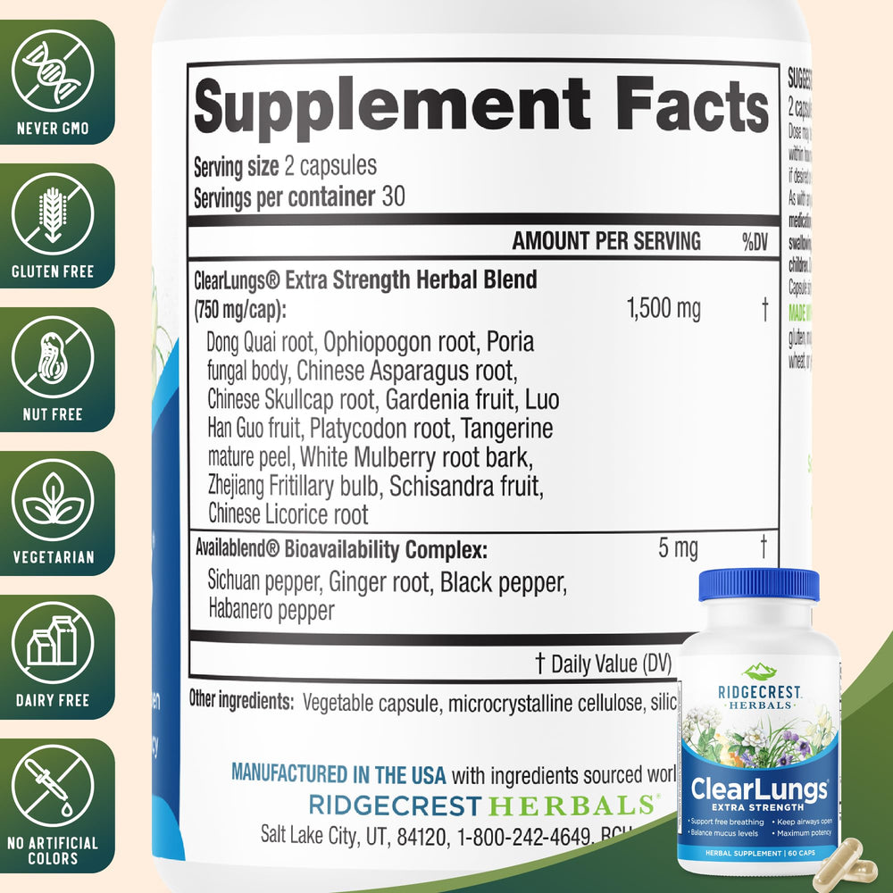 RidgeCrest ClearLungs label detail showing ingredients and usage directions.