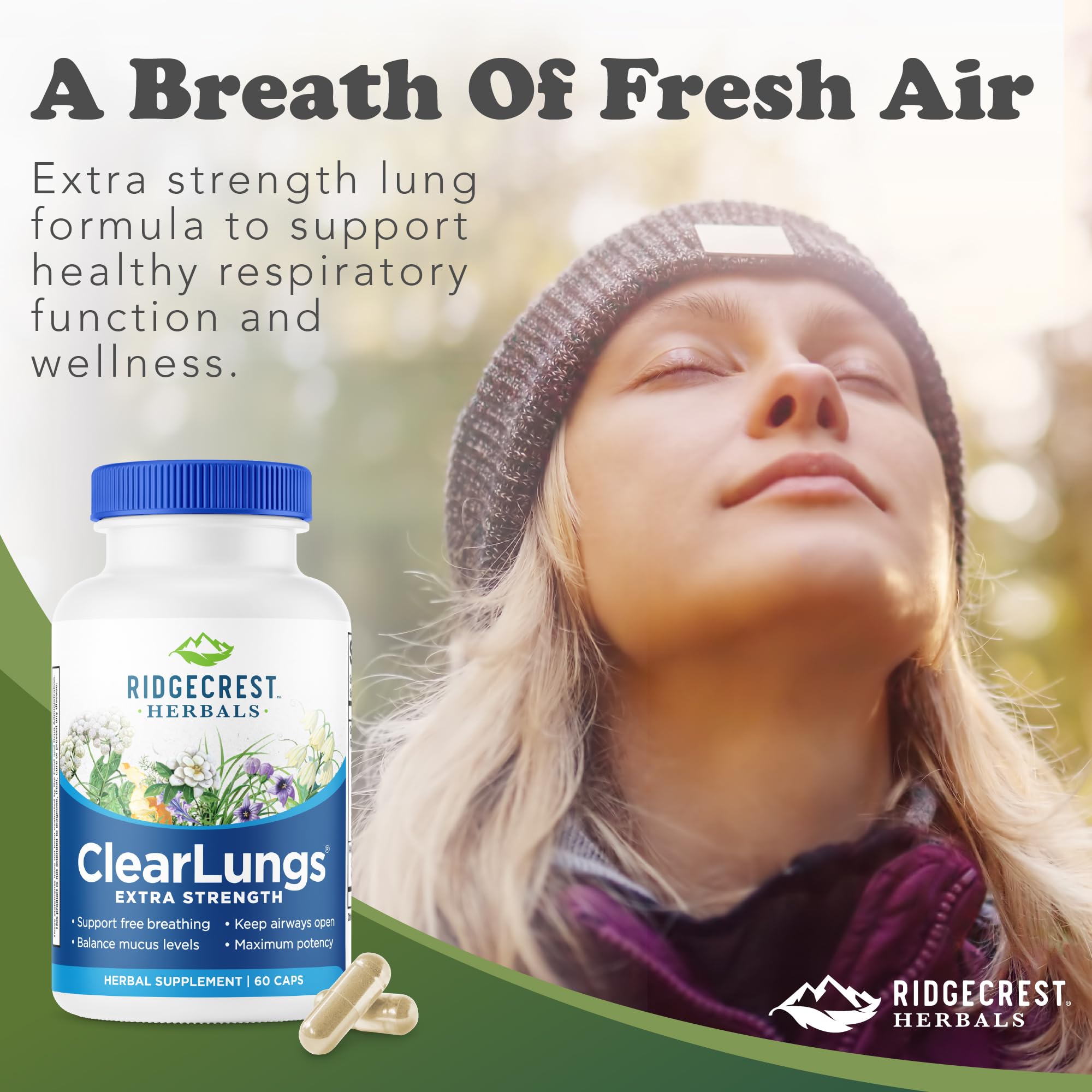 RidgeCrest ClearLungs packaging box emphasizing plant-based formula.