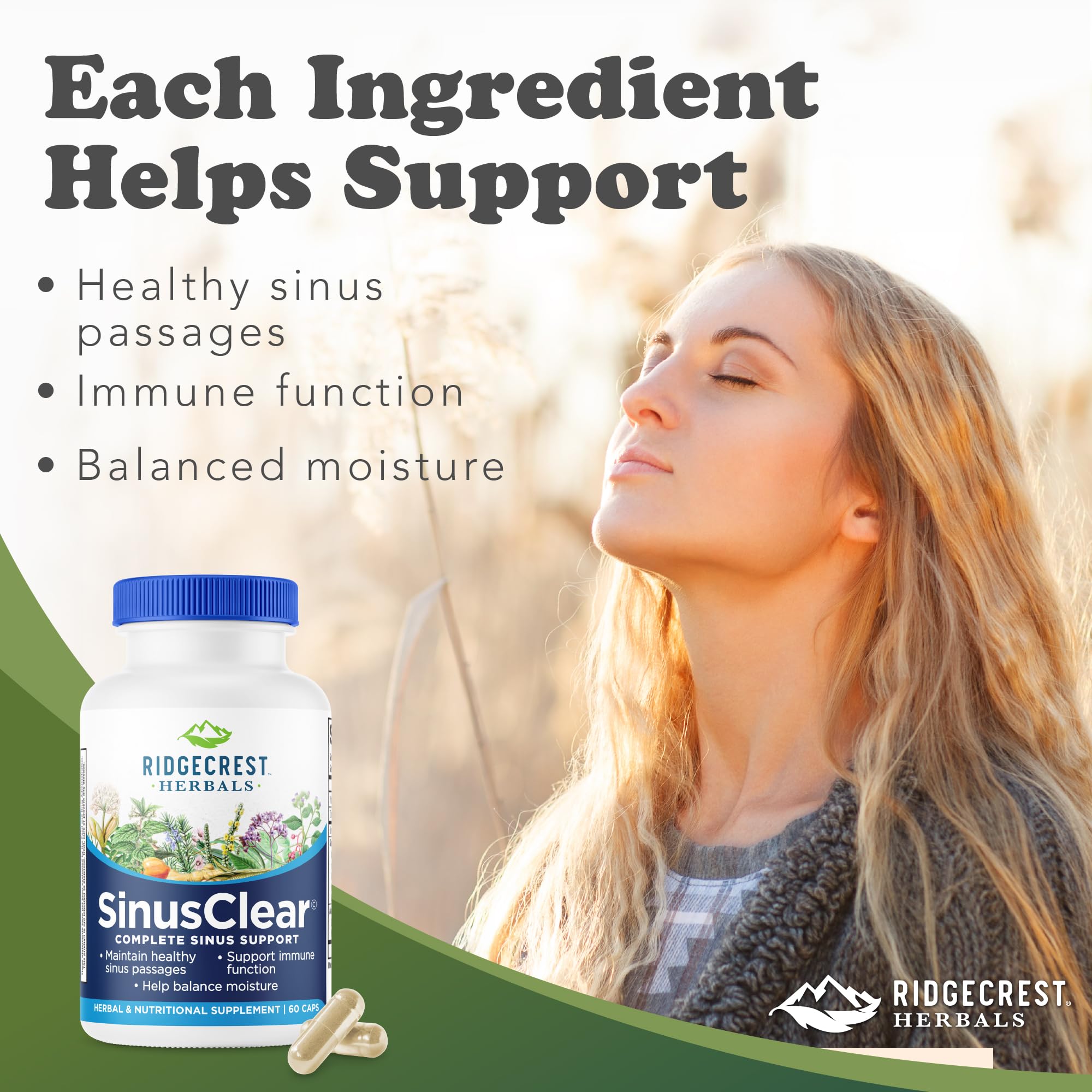RidgeCrest SinusClear bottle cap close-up for easy daily, non-drowsy support.