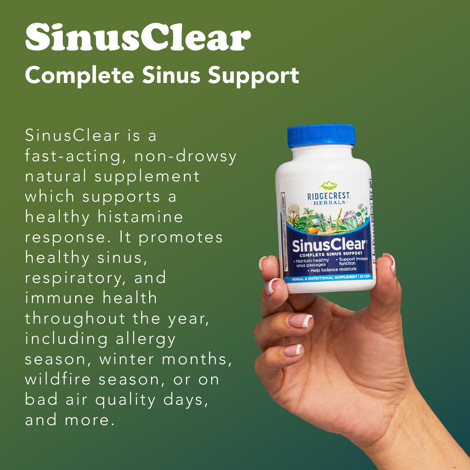 RidgeCrest SinusClear packaging-label close-up, showcasing quality assurance and third-party testing.
