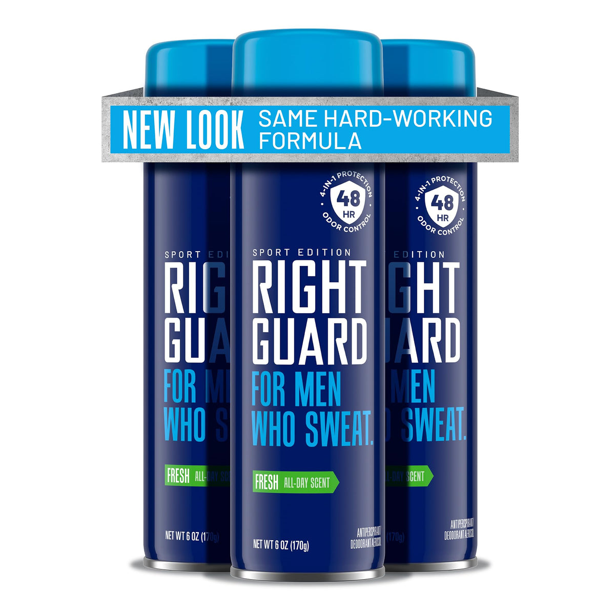Right Guard Sport Fresh Scent bottle showing long-lasting protection against sweat.