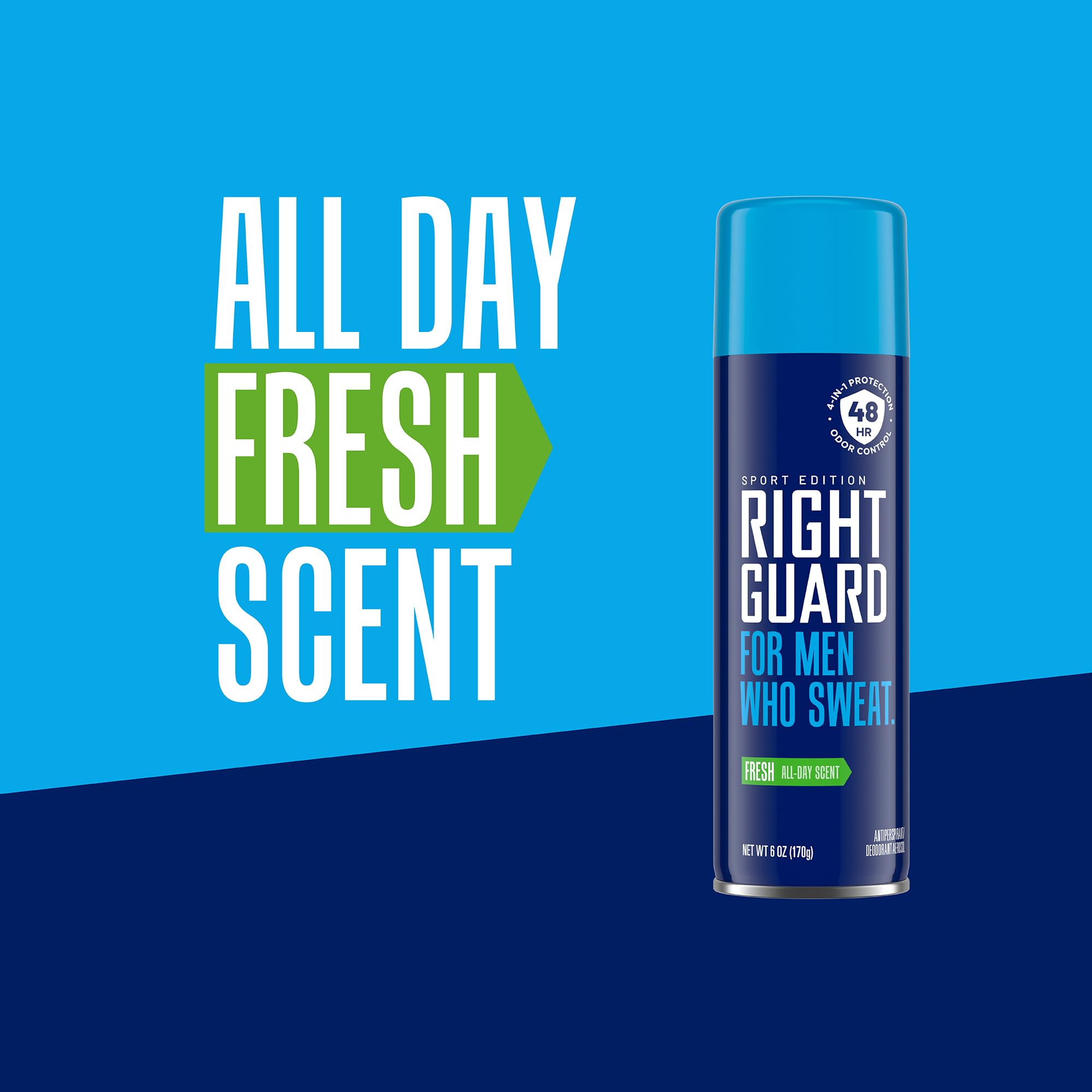 Front label of Right Guard Sport Fresh Scent shows 6oz size and 3-pack value.