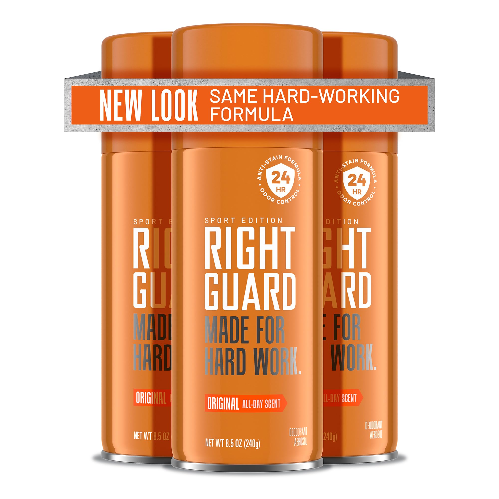Right Guard Sport Original deodorant spray can front view emphasizing all-day freshness.