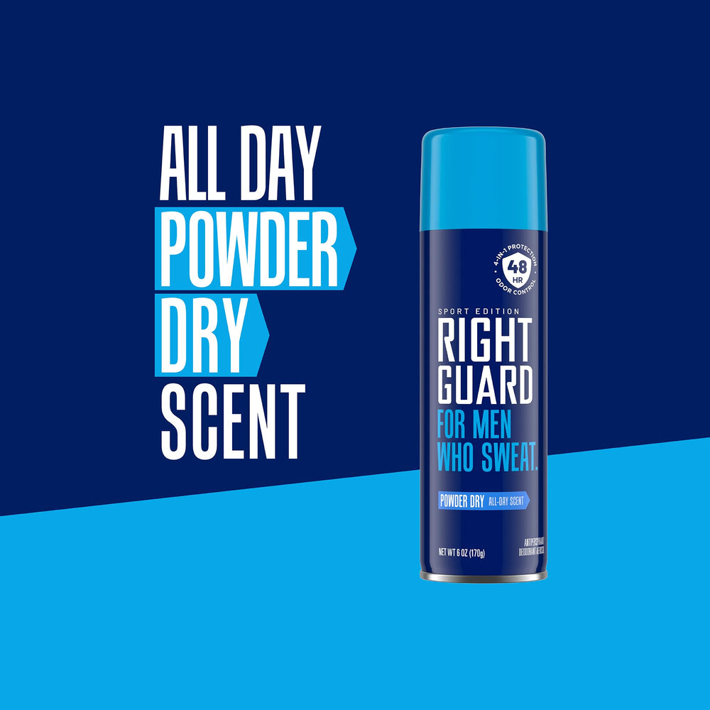 Three-pack Right Guard Sport Powder Dry Scent packaging for extended protection.