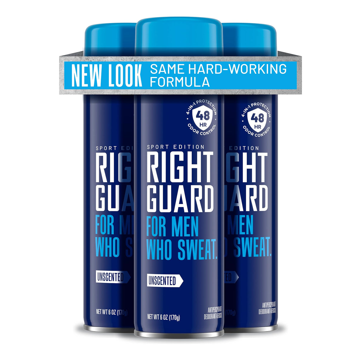 Right Guard Sport Unscented spray front view showing 6oz can and 4-in-1 protection