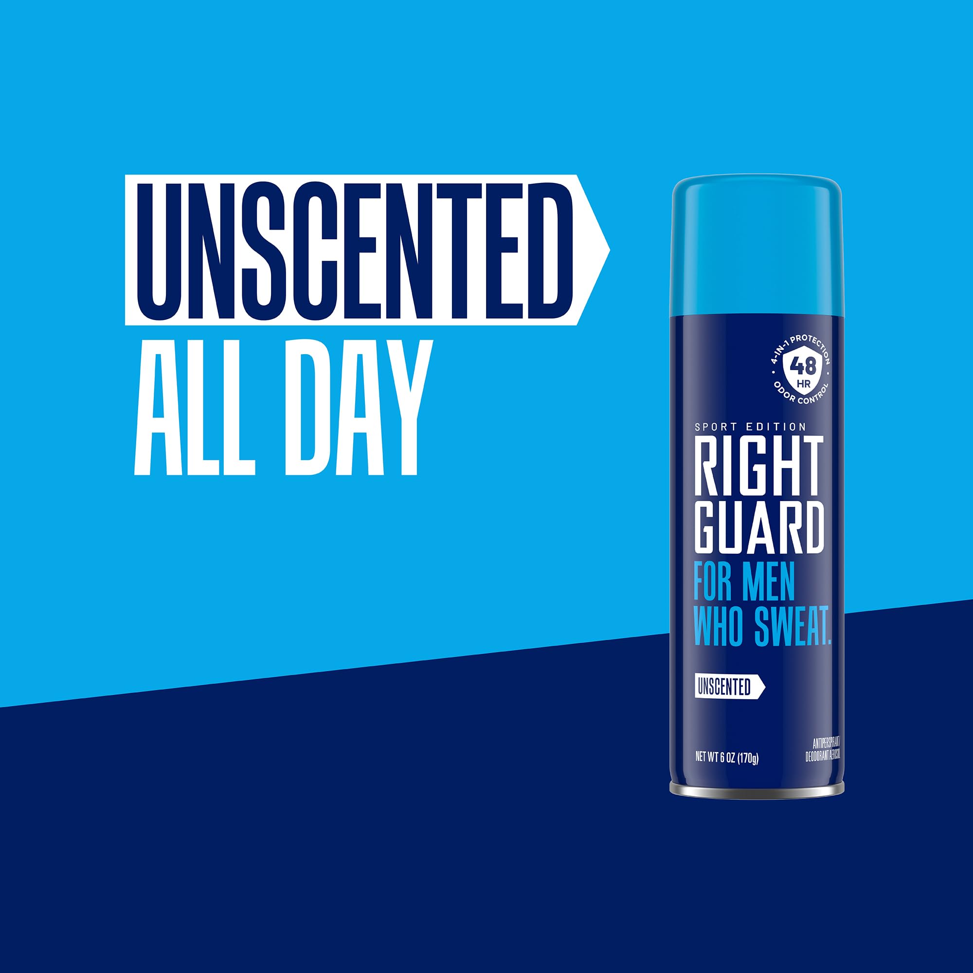 Graphic highlighting 48-hour odor protection for Right Guard Sport Unscented