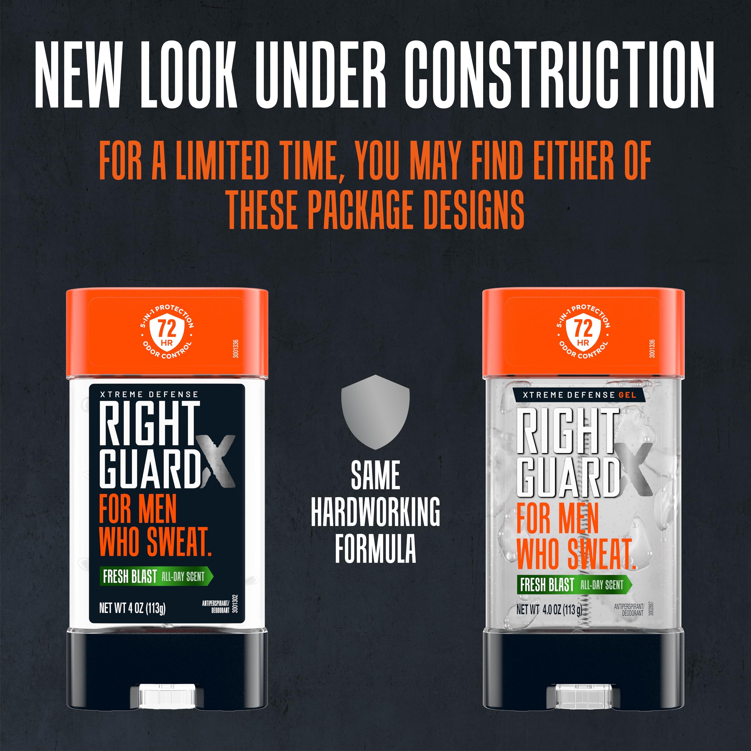 Right Guard Xtreme Defense Gel Fresh Blast label closeup with 72-hour protection claim.