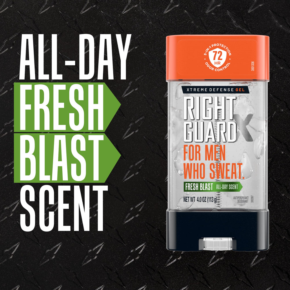 Right Guard Xtreme Defense Gel Fresh Blast scent burst conveys lasting freshness.