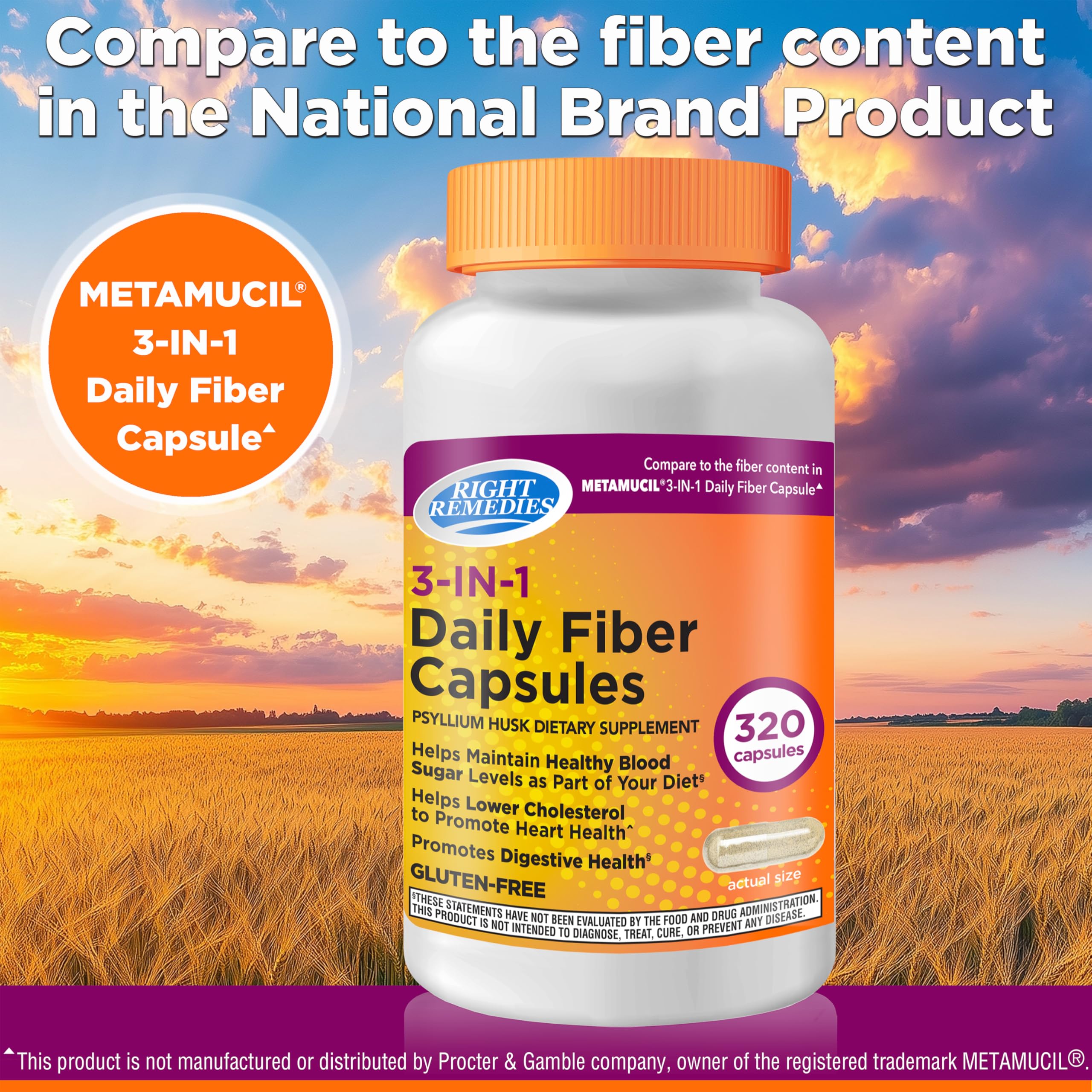 Right Remedies 3-in-1 capsules label front — gluten-free fiber supplement.