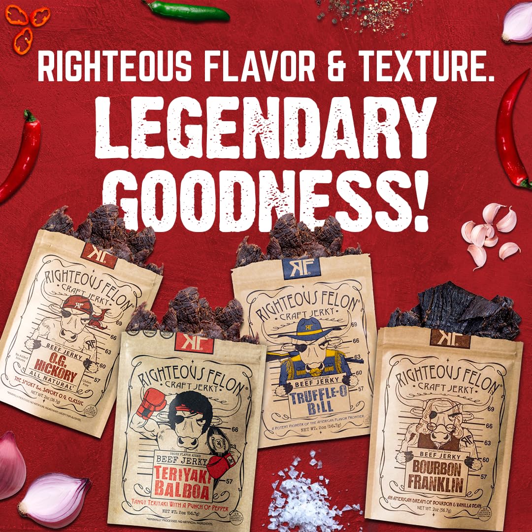 Righteous Felon 4-pack jerky on shelf, ready for gifting or sharing.