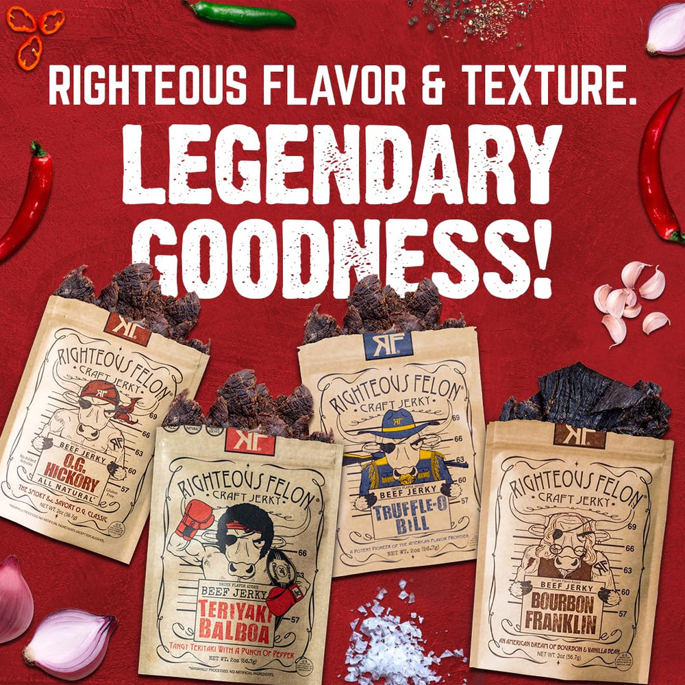 Righteous Felon 4-pack jerky on shelf, ready for gifting or sharing.