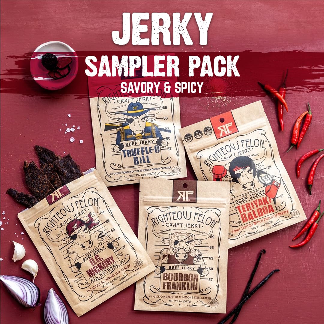 Righteous Felon jerky nutrition panel shows high protein per serving.