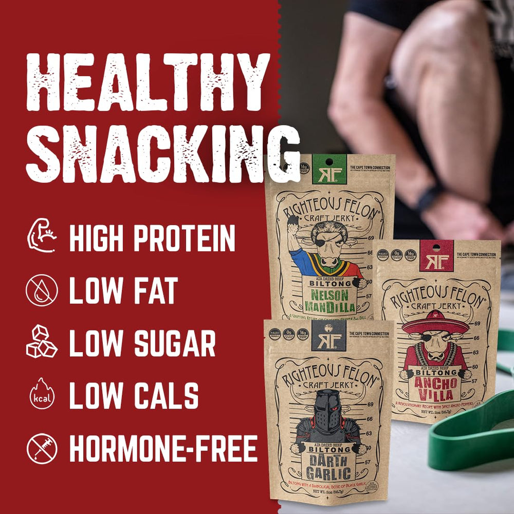 Righteous Felon Beef Jerky On-the-Go Snack closeup for busy days