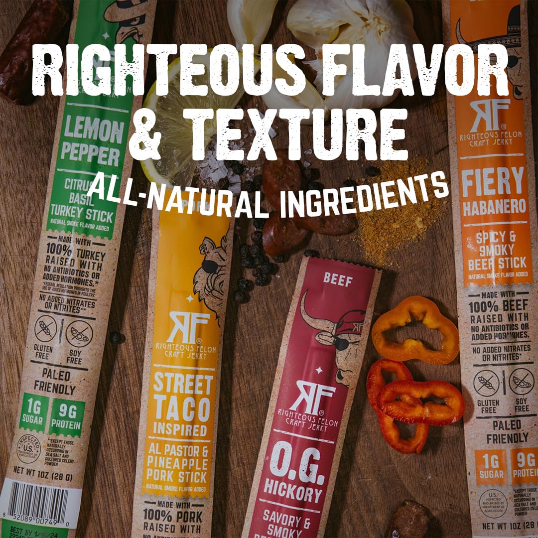 Righteous Felon Fiery Habanero Beef Stick offers bold heat.