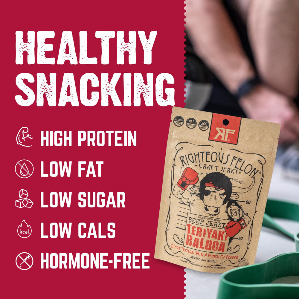 Righteous Felon Gluten-Free Jerky Display, convenient high-protein snack.
