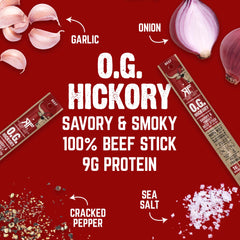 Righteous Felon OG Hickory beef sticks individually wrapped for portable protein on the go.