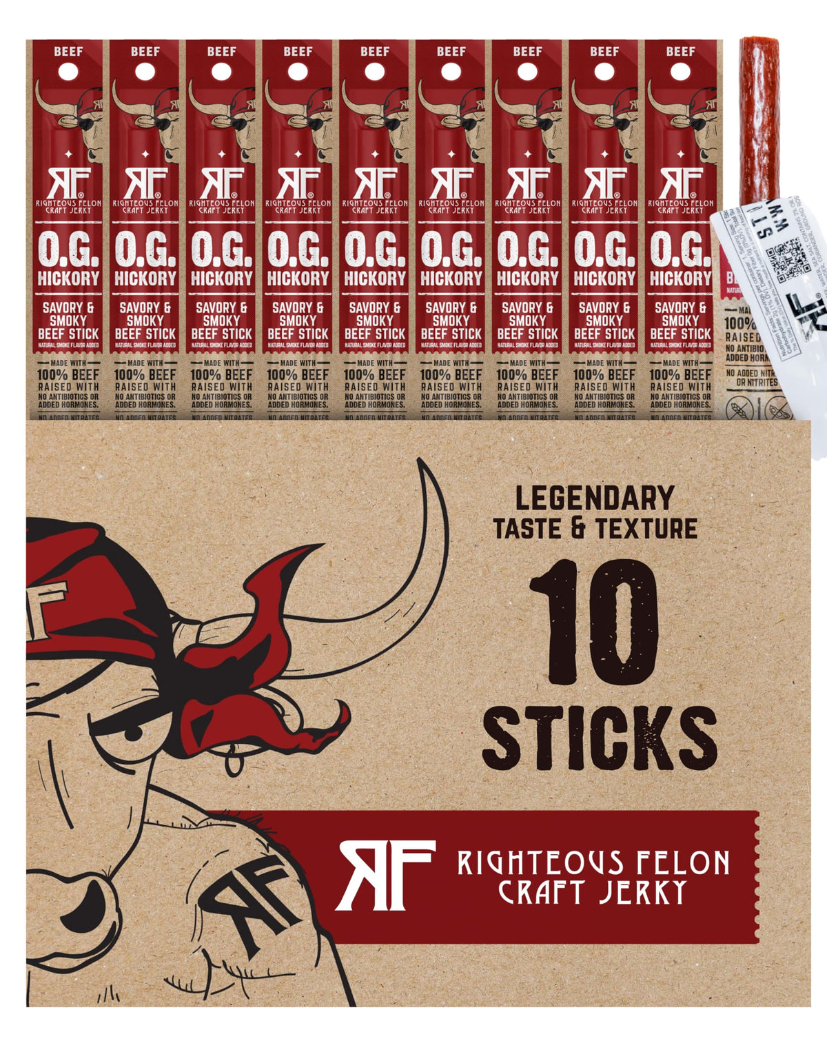 Righteous Felon OG Hickory beef sticks pack shows bold flavor and grab-and-go convenience.