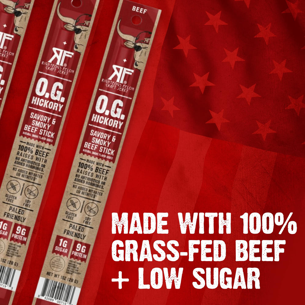 Righteous Felon OG Hickory beef sticks packaging front signals authentic jerky quality.