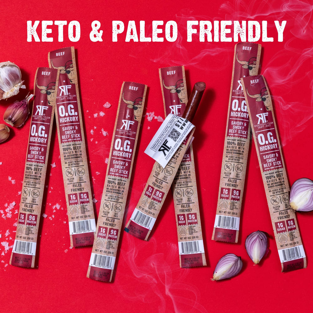 Righteous Felon OG Hickory beef sticks serving idea for on-the-go protein boost.