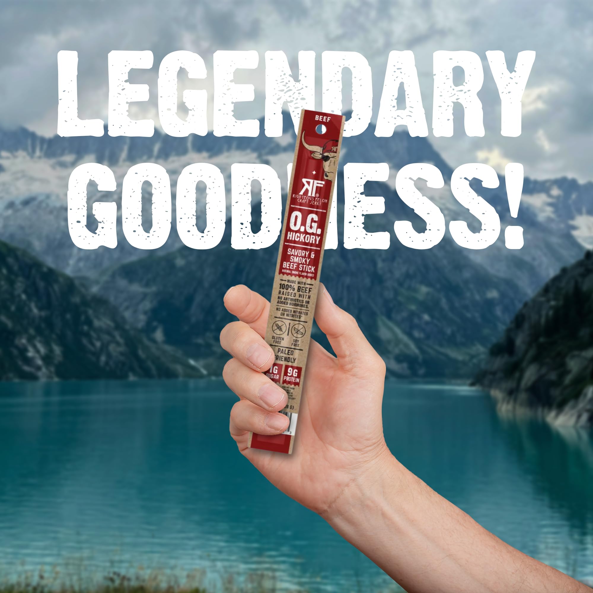 Righteous Felon OG Hickory beef sticks USA-made label emphasizes premium quality.