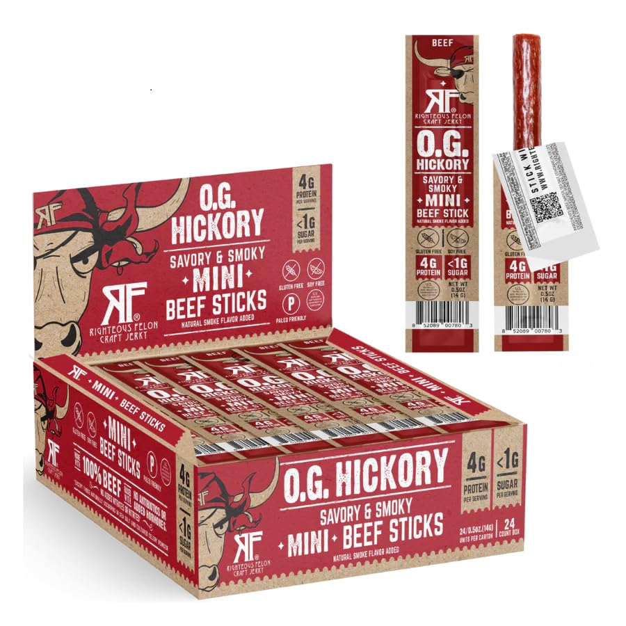 Righteous Felon OG Hickory mini beef sticks 24-count pack, bold flavor for on-the-go snacking.