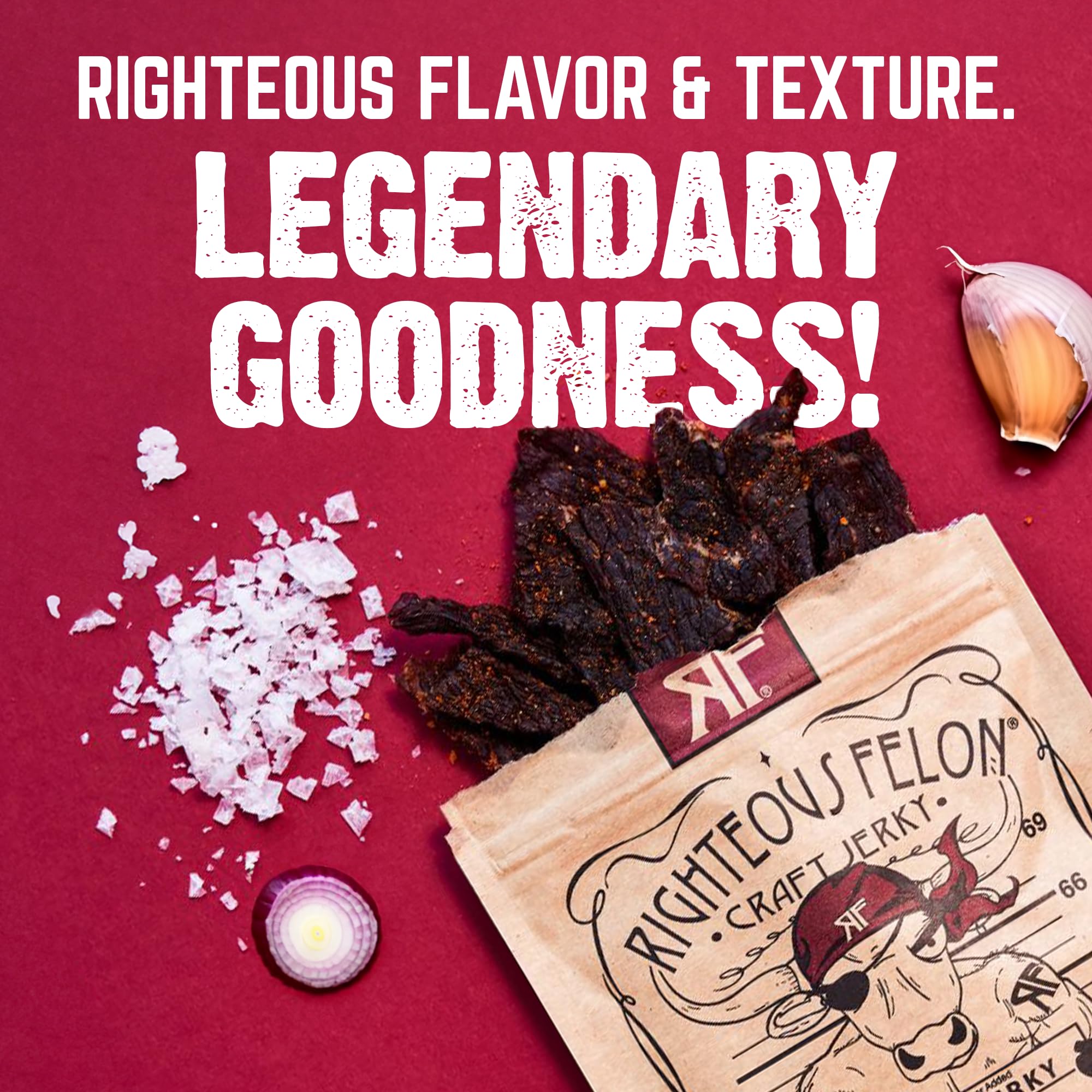 Righteous Felon Turkey Sticks display, gluten-free, low-sugar protein.