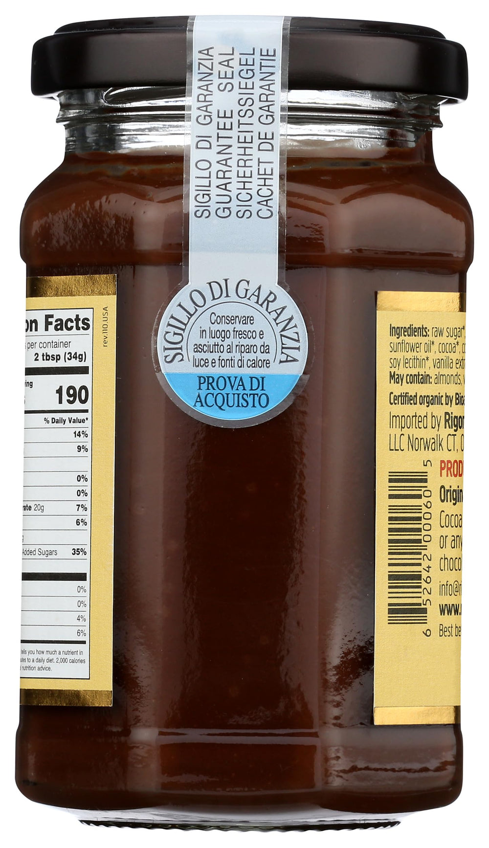 Rigoni Nocciolata dairy-free ingredient list emphasizing dairy-free spread