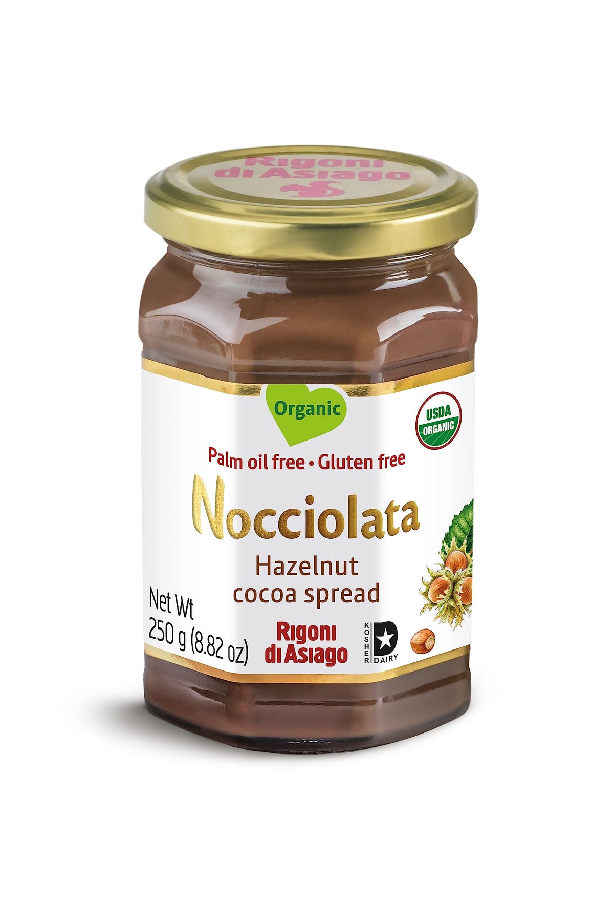 Rigoni di Asiago Nocciolata Organic Classic Hazelnut Spread jar with creamy texture, ideal for breakfast.