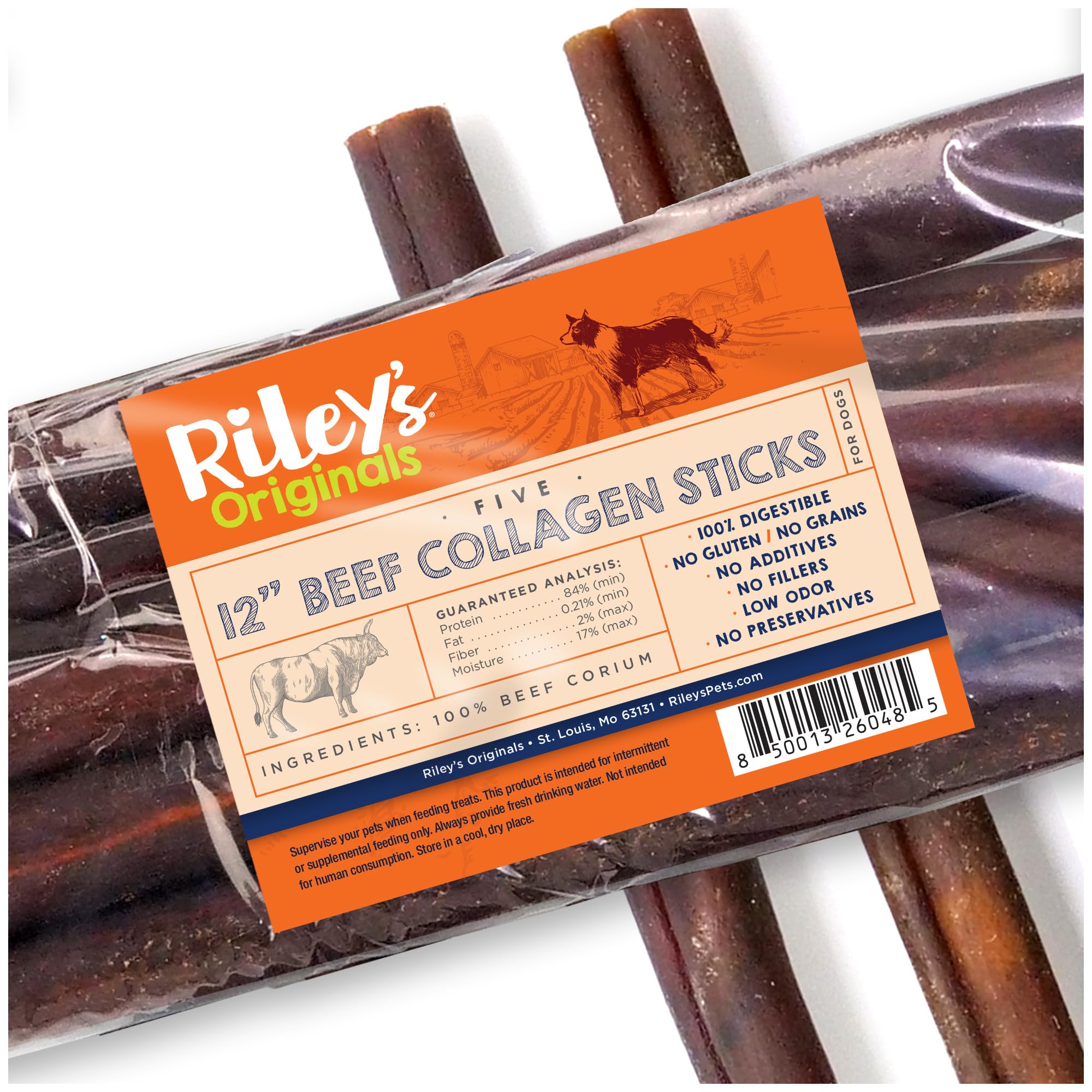 Riley's 12-Inch beef collagen sticks for dogs provide a long-lasting chew.
