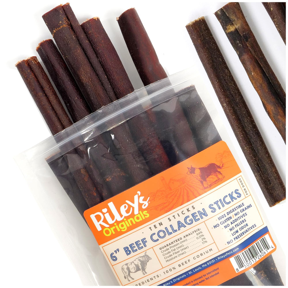 Riley's 6-inch beef collagen stick dog chew - long-lasting single-ingredient treat.