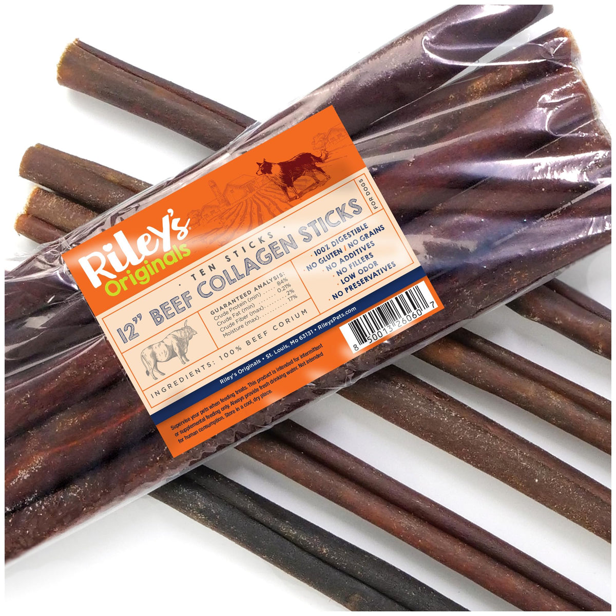 Riley's beef collagen stick chew shows durable texture for long-lasting dog entertainment.