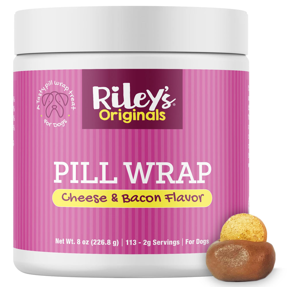 Riley's Pill Wrap cheese-bacon paste tub closeup shows flavorful texture for easier dosing.