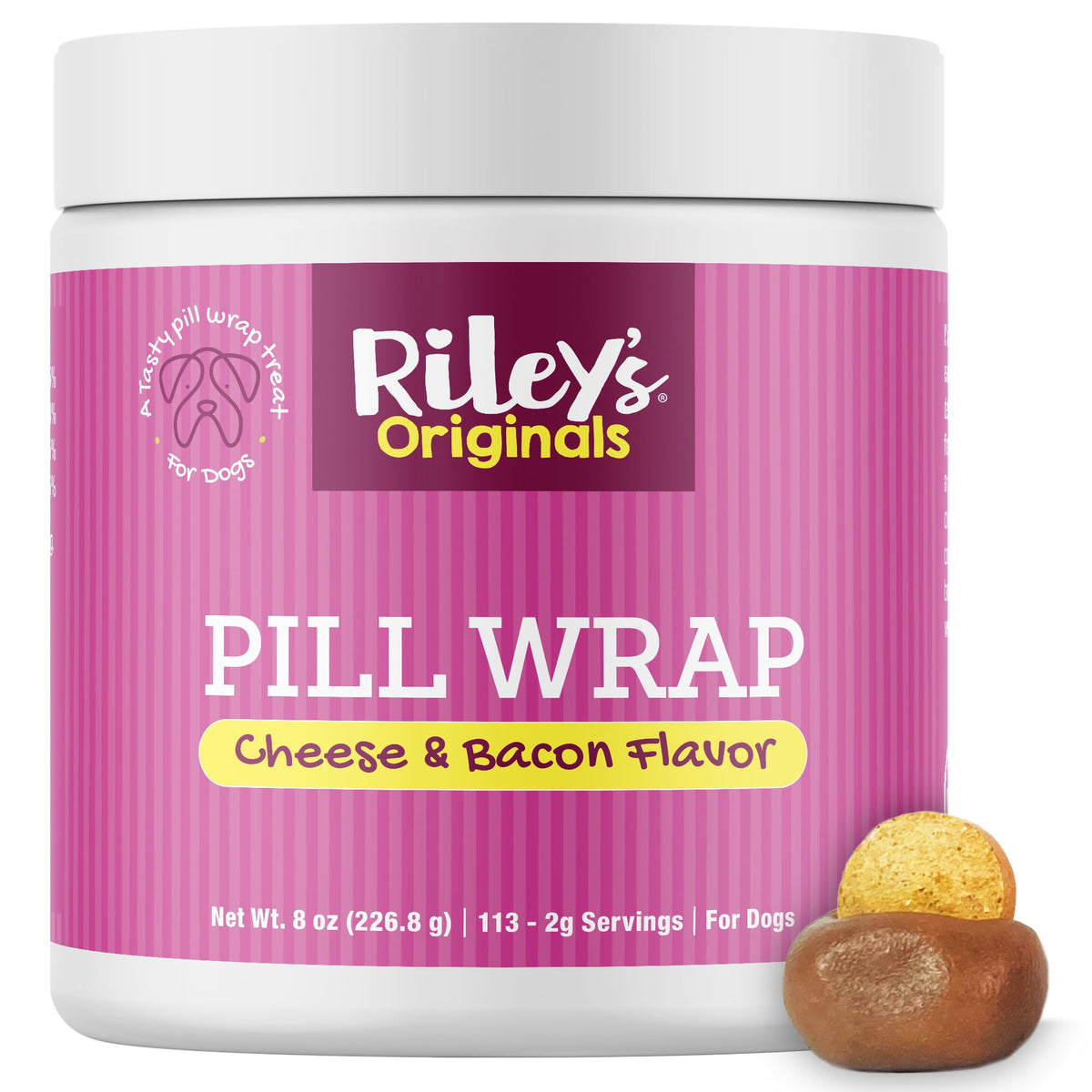 Riley's Pill Wrap cheese-bacon paste tub closeup shows flavorful texture for easier dosing.