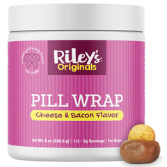 Riley's Pill Wrap cheese-bacon paste tub closeup shows flavorful texture for easier dosing.