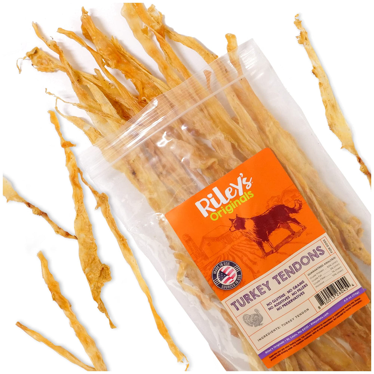Riley's Turkey Tendon Chews packaging shows natural ingredients and a US-made promise.