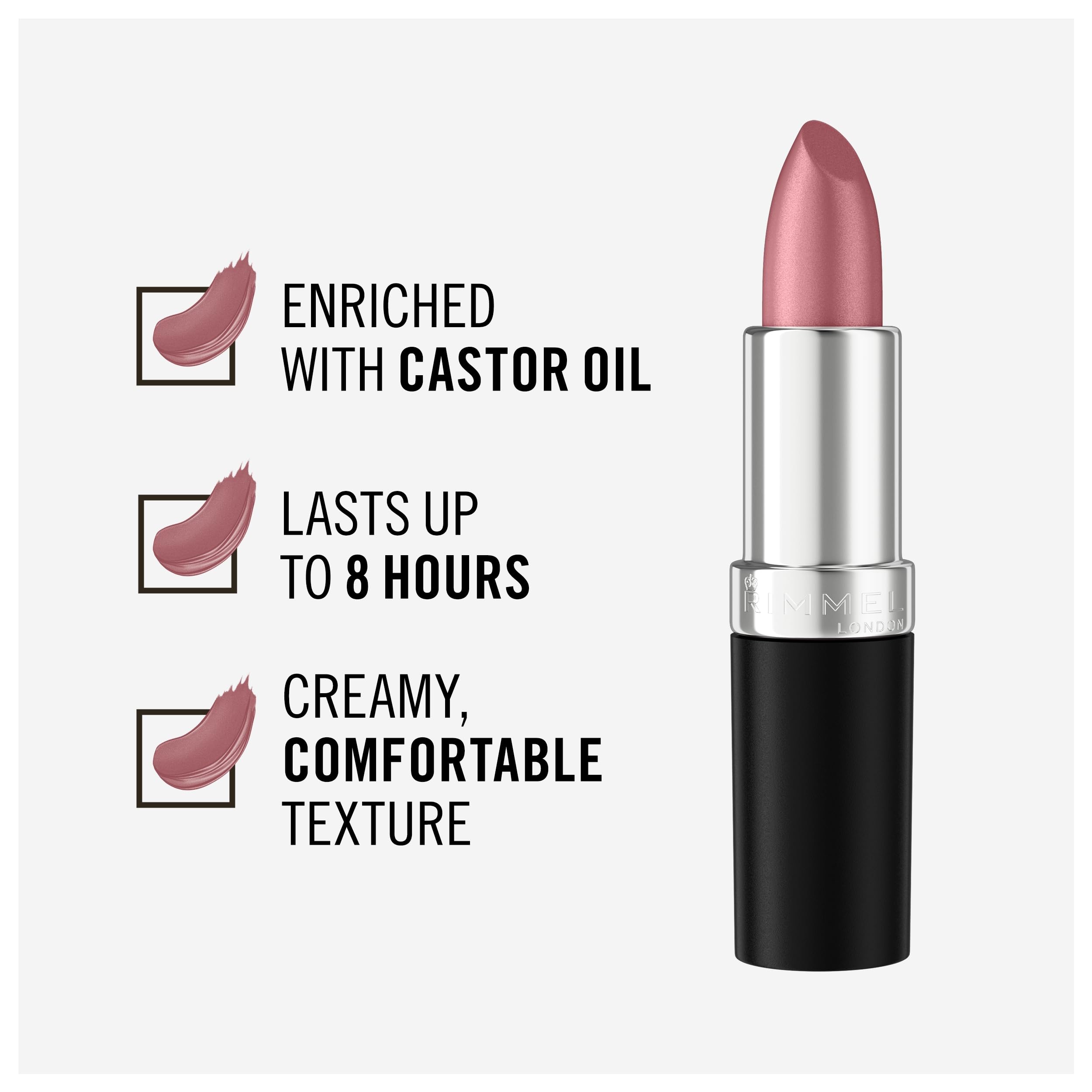 Rimmel Candy lipstick applied in a single smooth stroke for effortless elegance.
