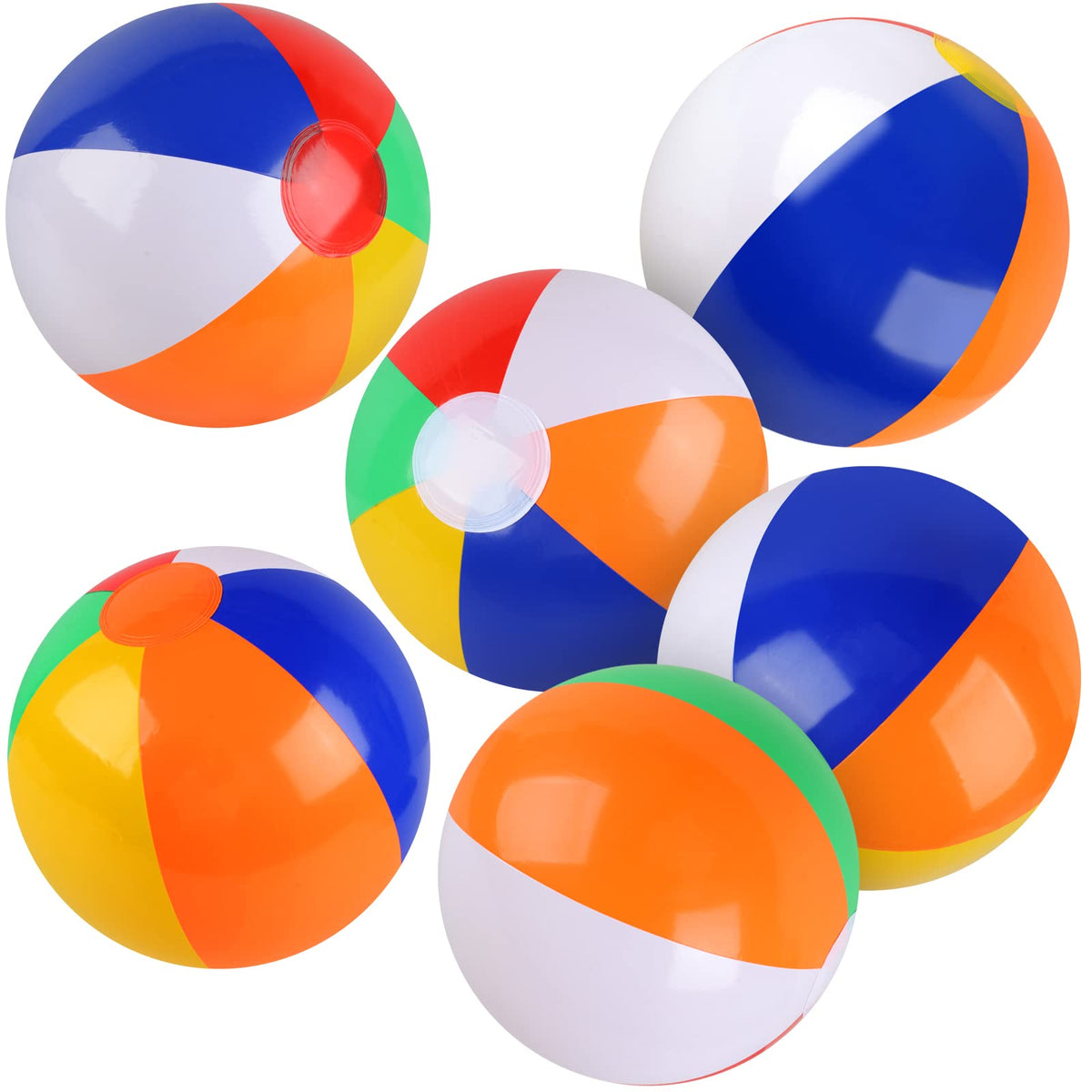 Rindion six-pack beach balls inflated to 10 inches for family pool games.