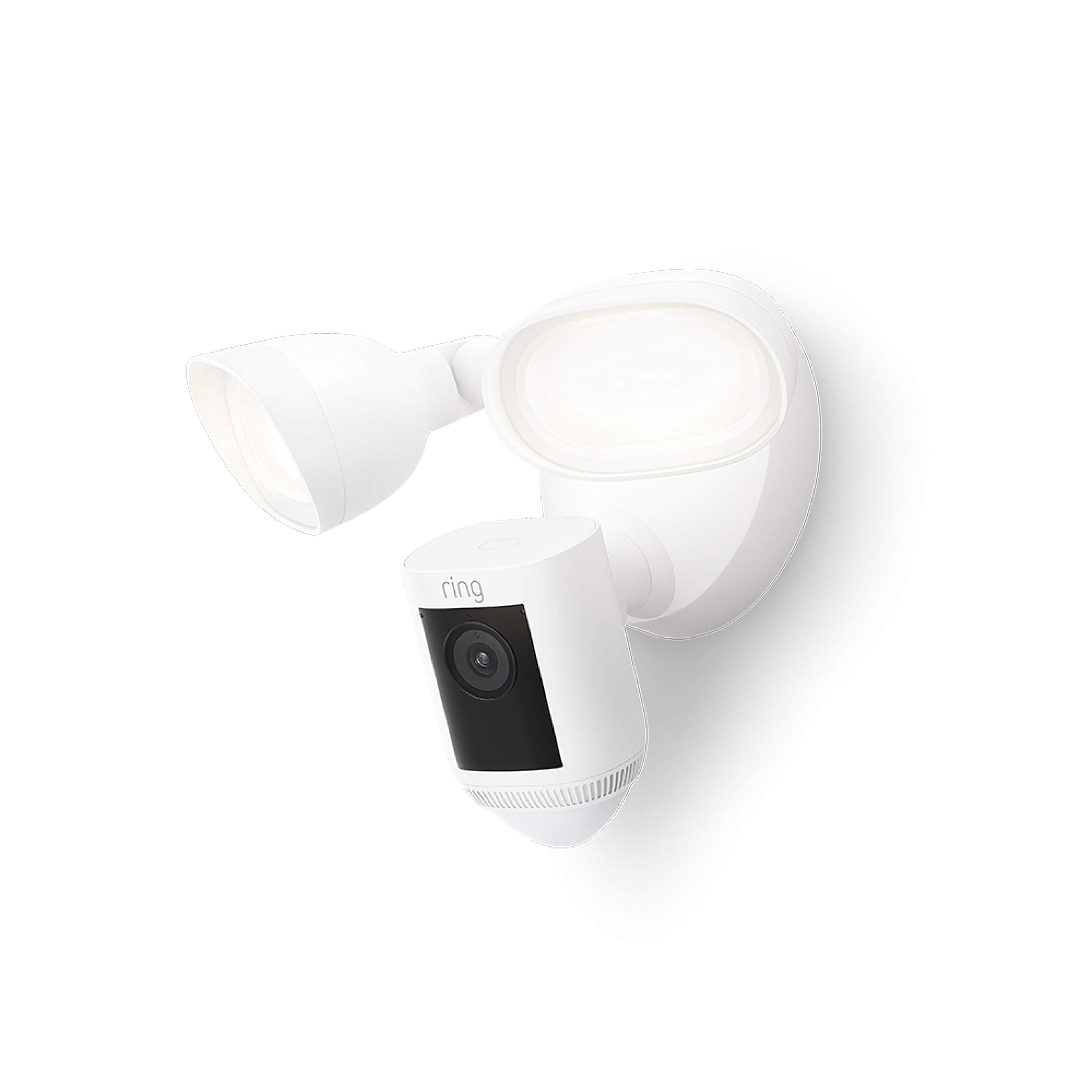 Ring Floodlight Cam front view with bright lighting and clear 2K video for porch surveillance.