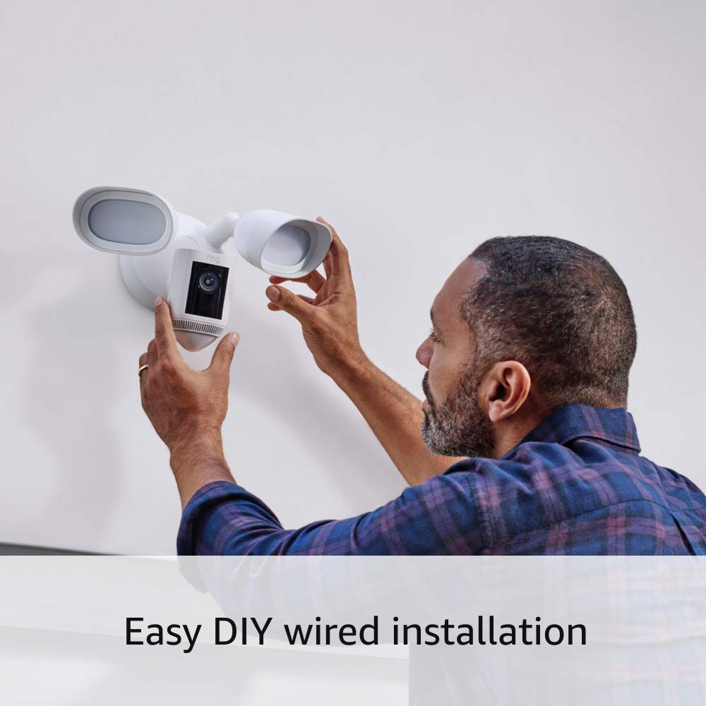 Ring Floodlight Cam Two-Way Talk enables hands-free communication with visitors.