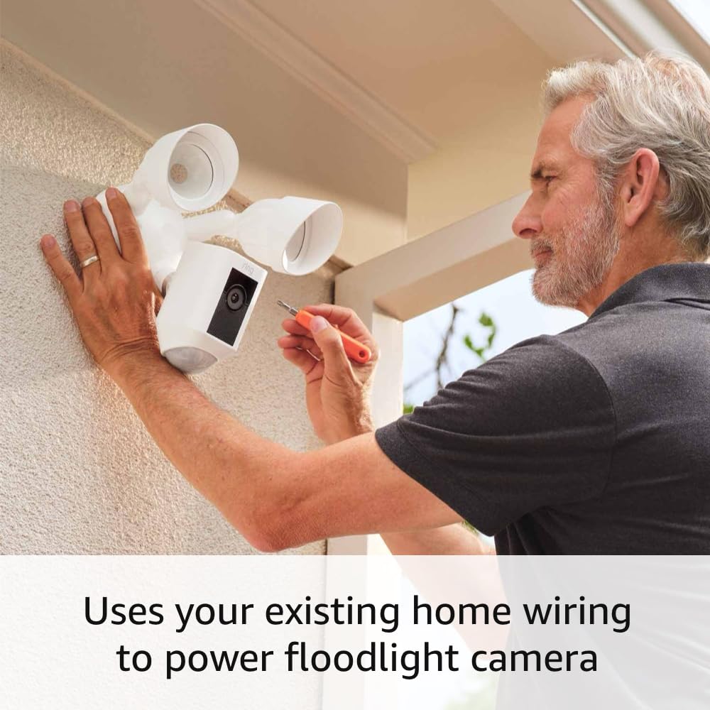 Ring Floodlight Cam Wired Plus two-way talk and siren deter intruders.
