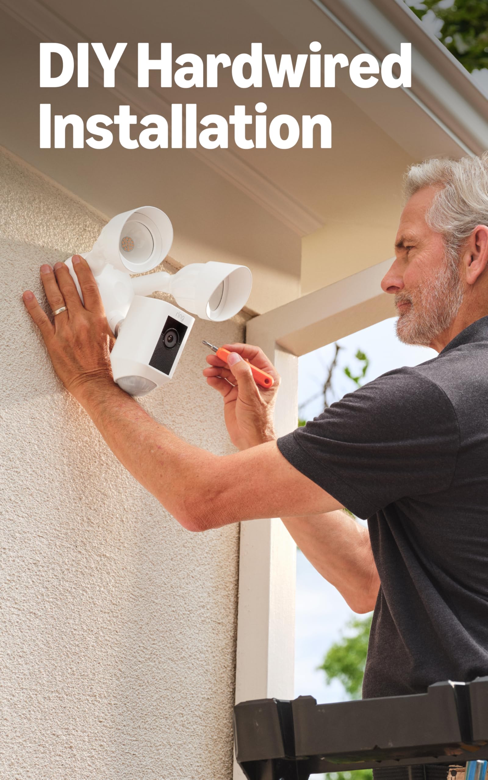 Ring Floodlight Cam Wired Plus two-way talk enables quick doorstep replies.
