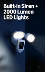 Ring Floodlight Cam Wired Pro 2000-lumen floodlights illuminate outdoor areas.