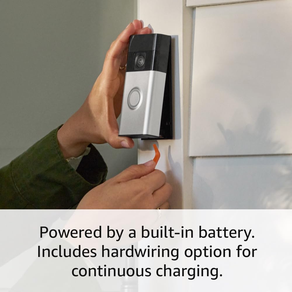 Ring Like-New Battery Doorbell motion alerts satin nickel, real-time notifications.