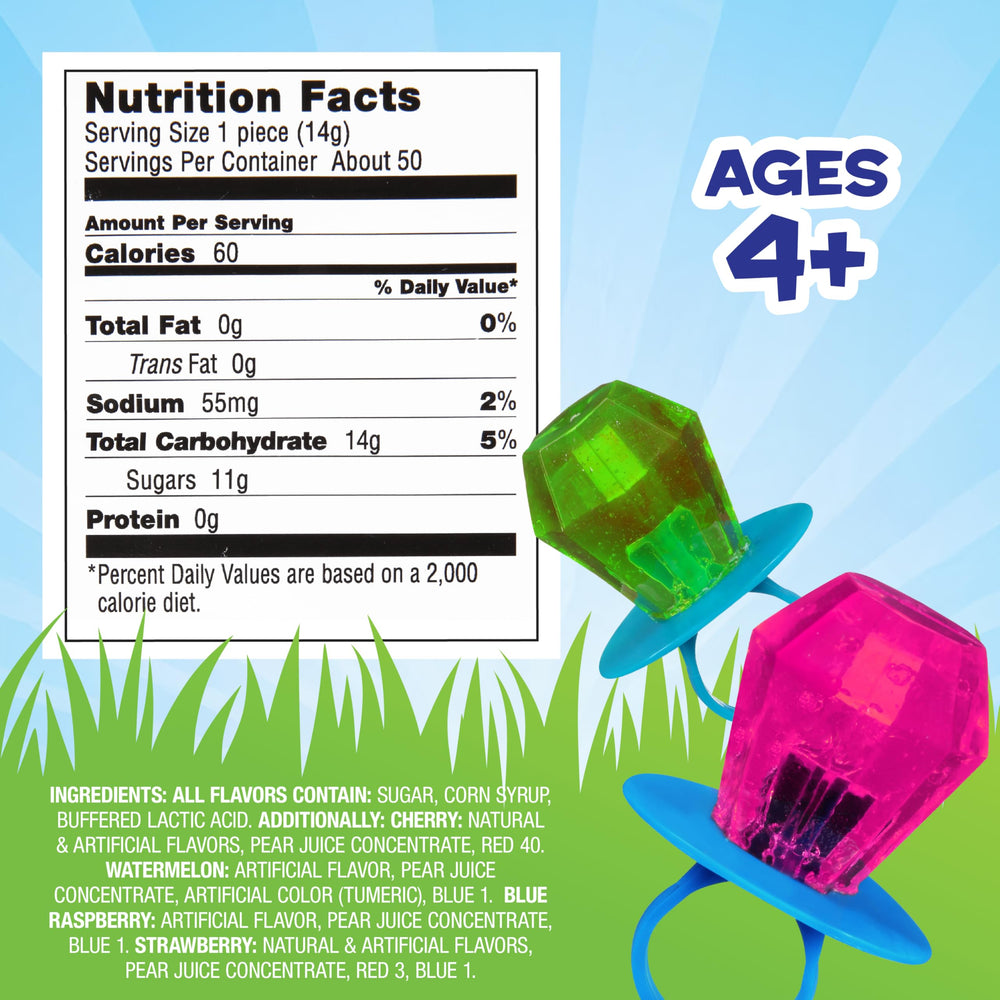 Close-up of Ring Pop gem candy with bright flavors for gifts.