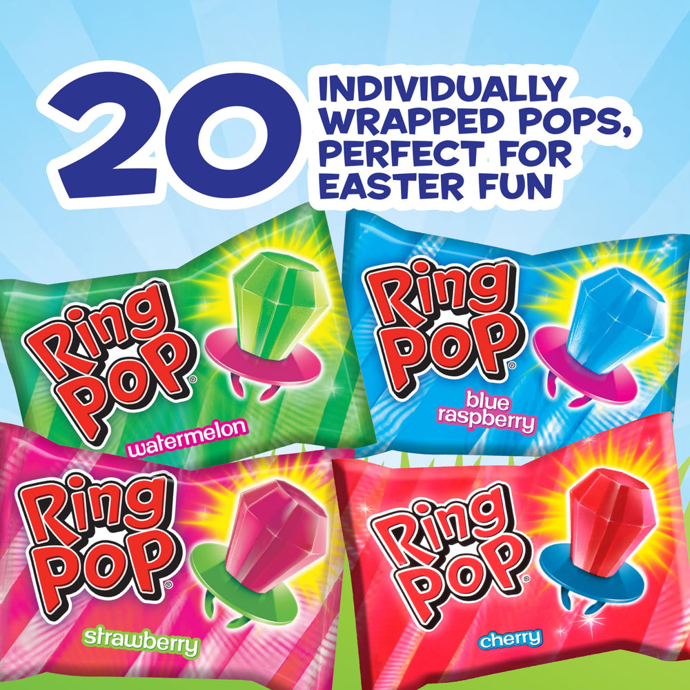 Ring Pop wearable candy ring shown with a bright fruity lollipop.