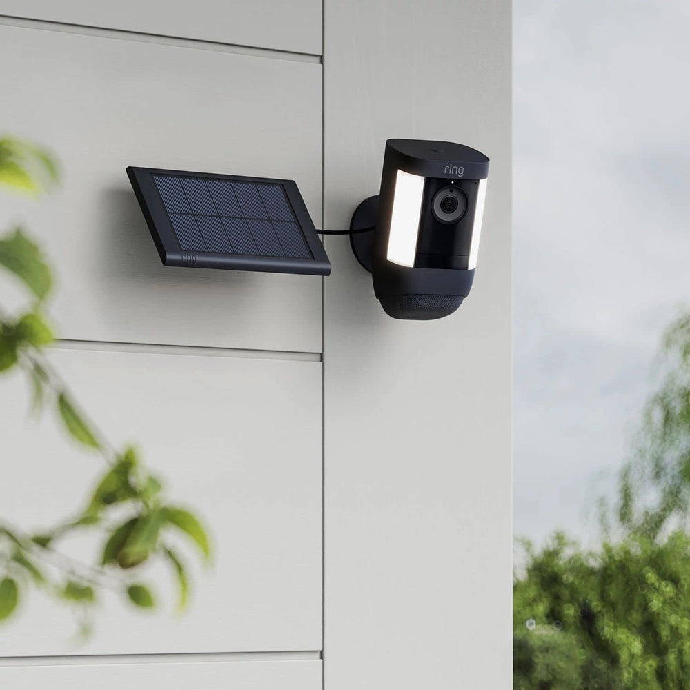 Ring small solar panel compact dimensions fit discreet outdoor spots.