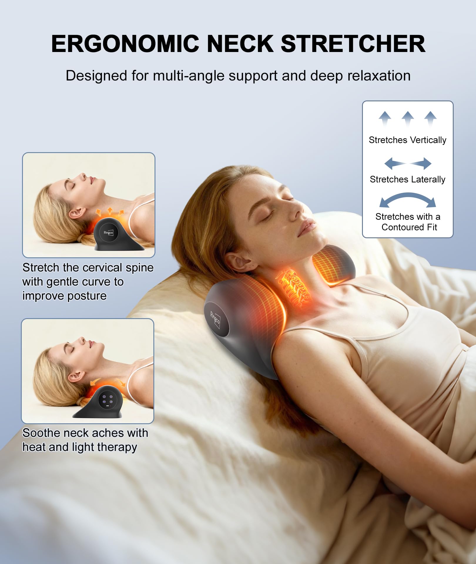 RINGCO neck massager showing three heat settings for personalized warmth